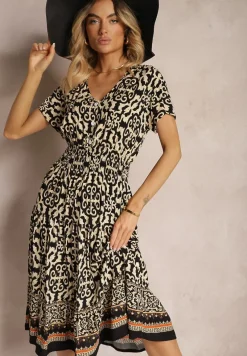 Czarno-Beżowa Sukienka z Bawełny z Trójkątnym Dekoltem i Gumką w Talii Zapinana na Guziki Lavlea