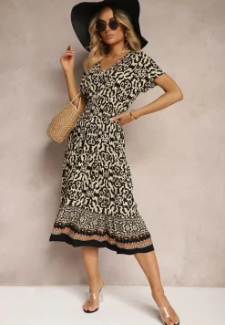 Czarno-Beżowa Sukienka z Bawełny z Trójkątnym Dekoltem i Gumką w Talii Zapinana na Guziki Lavlea