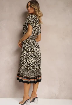 Czarno-Beżowa Sukienka z Bawełny z Trójkątnym Dekoltem i Gumką w Talii Zapinana na Guziki Lavlea
