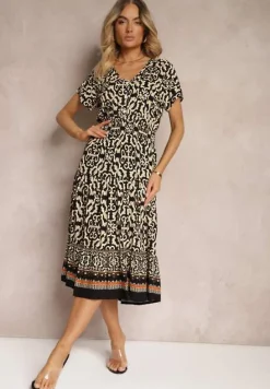 Czarno-Beżowa Sukienka z Bawełny z Trójkątnym Dekoltem i Gumką w Talii Zapinana na Guziki Lavlea