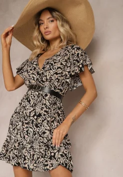 Czarno-Beżowa Sukienka z Bawełny o Rozkloszowanym Kroju Ozdobiona Falbanami i Gumką w Talii Neliaura