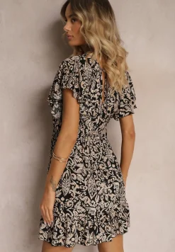 Czarno-Beżowa Sukienka z Bawełny o Rozkloszowanym Kroju Ozdobiona Falbanami i Gumką w Talii Neliaura