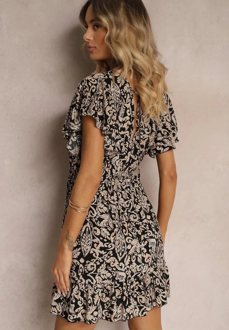 Czarno-Beżowa Sukienka z Bawełny o Rozkloszowanym Kroju Ozdobiona Falbanami i Gumką w Talii Neliaura
