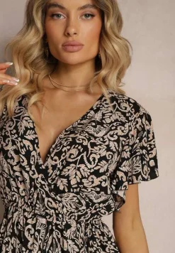 Czarno-Beżowa Sukienka z Bawełny o Rozkloszowanym Kroju Ozdobiona Falbanami i Gumką w Talii Neliaura