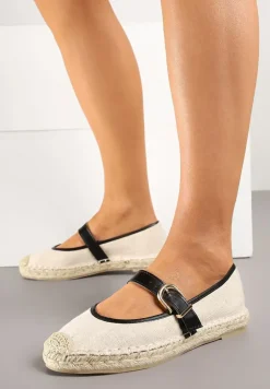 Czarno-Beżowe Espadryle na Podeszwie z Plecionki z Paskiem ze Sprzączką Ridimiria