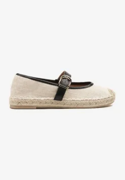Czarno-Beżowe Espadryle na Podeszwie z Plecionki z Paskiem ze Sprzączką Ridimiria