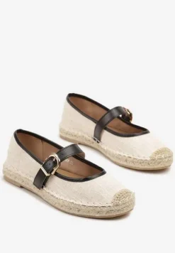 Czarno-Beżowe Espadryle na Podeszwie z Plecionki z Paskiem ze Sprzączką Ridimiria