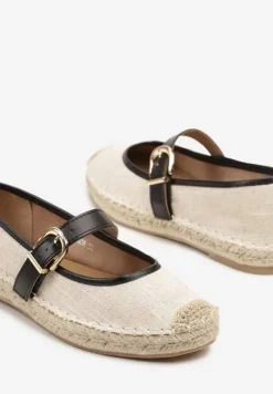 Czarno-Beżowe Espadryle na Podeszwie z Plecionki z Paskiem ze Sprzączką Ridimiria