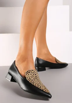 Czarno-Beżowe Półbuty Typu Loafersy ze Szpiczastym Noskiem na Niskim Słupku Tillea