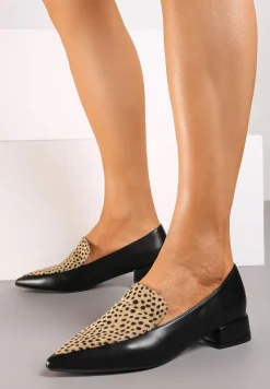 Czarno-Beżowe Półbuty Typu Loafersy ze Szpiczastym Noskiem na Niskim Słupku Tillea