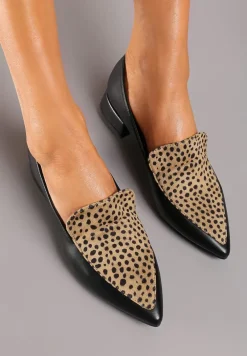 Czarno-Beżowe Półbuty Typu Loafersy ze Szpiczastym Noskiem na Niskim Słupku Tillea