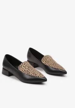 Czarno-Beżowe Półbuty Typu Loafersy ze Szpiczastym Noskiem na Niskim Słupku Tillea