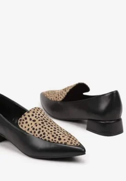 Czarno-Beżowe Półbuty Typu Loafersy ze Szpiczastym Noskiem na Niskim Słupku Tillea