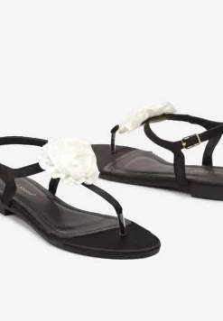 Czarno-Beżowe Sandały w Stylu Japonek na Płaskiej Podeszwie z Kwiatem Gandrea
