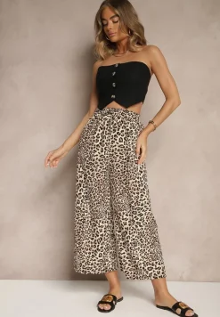 Czarno-Beżowe Spodnie Wide Leg z Gumką w Talii w Panterkowy Wzór Filanira