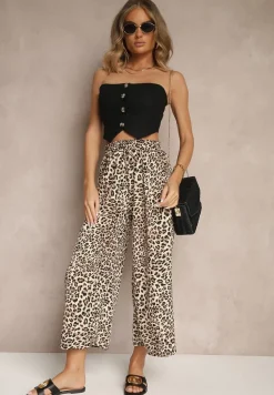 Czarno-Beżowe Spodnie Wide Leg z Gumką w Talii w Panterkowy Wzór Filanira