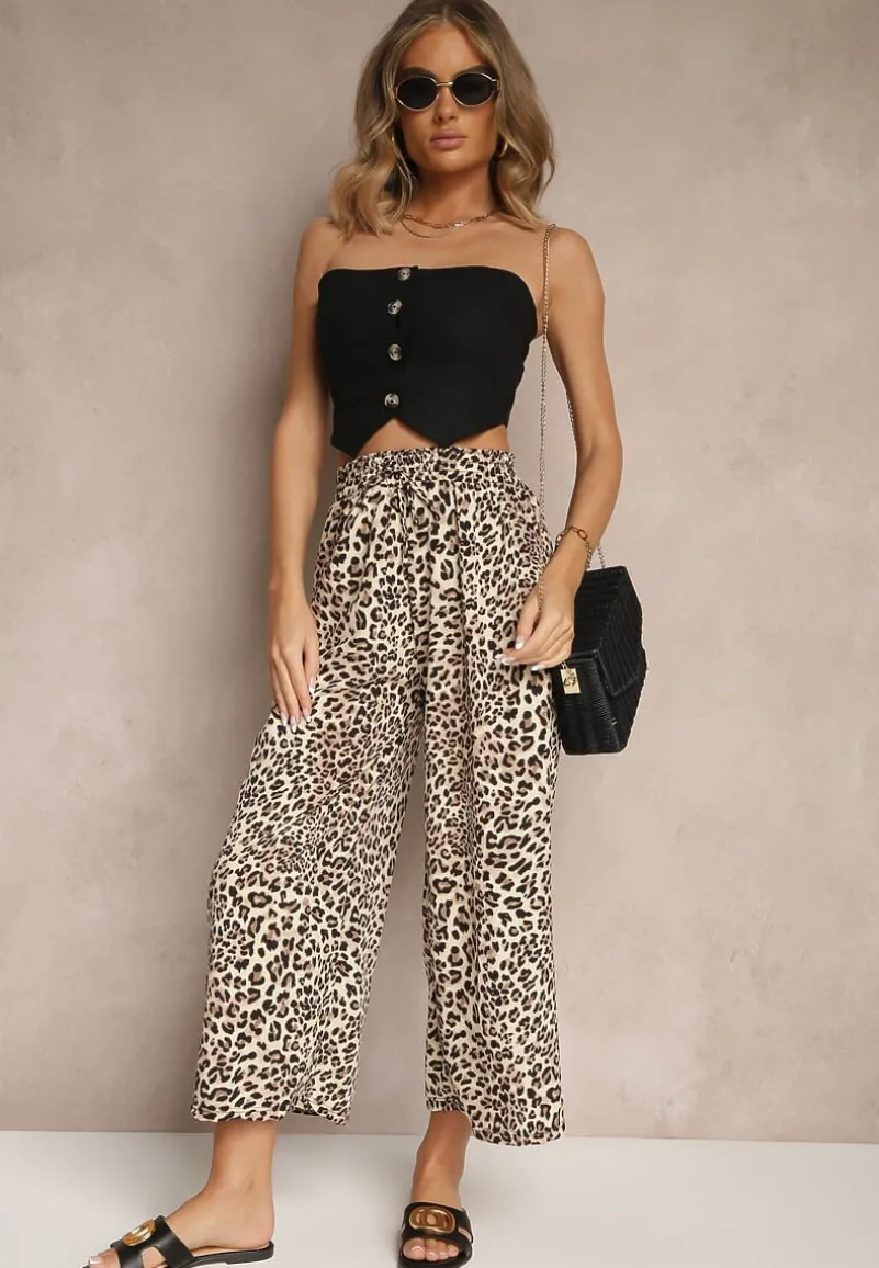 Czarno-Beżowe Spodnie Wide Leg z Gumką w Talii w Panterkowy Wzór Filanira