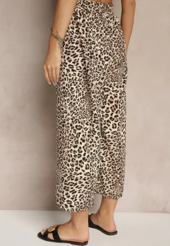 Czarno-Beżowe Spodnie Wide Leg z Gumką w Talii w Panterkowy Wzór Filanira