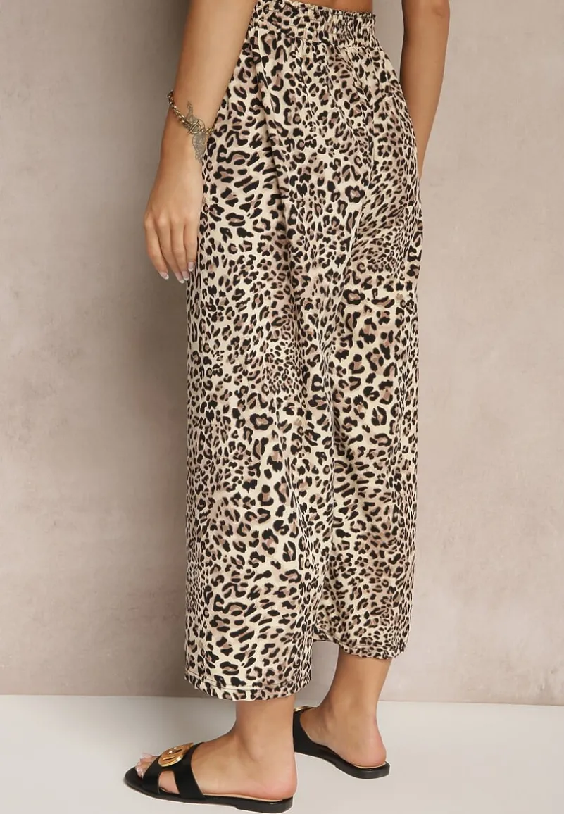 Czarno-Beżowe Spodnie Wide Leg z Gumką w Talii w Panterkowy Wzór Filanira