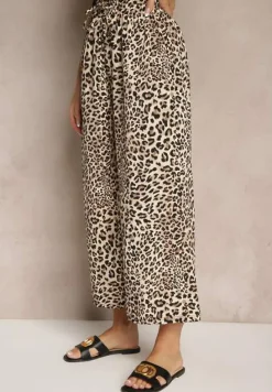 Czarno-Beżowe Spodnie Wide Leg z Gumką w Talii w Panterkowy Wzór Filanira