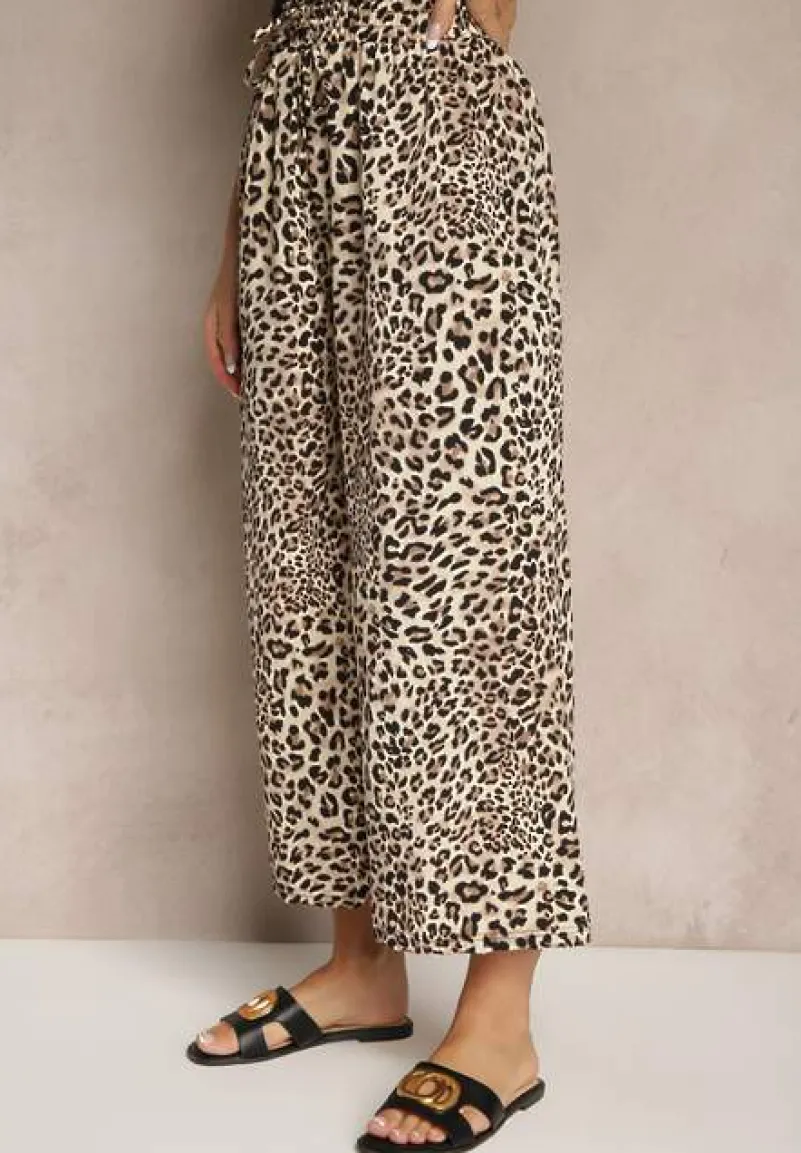 Czarno-Beżowe Spodnie Wide Leg z Gumką w Talii w Panterkowy Wzór Filanira