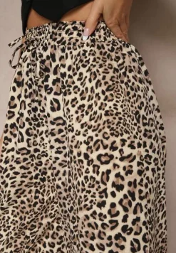 Czarno-Beżowe Spodnie Wide Leg z Gumką w Talii w Panterkowy Wzór Filanira