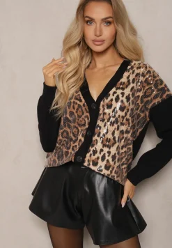 Czarno-Beżowy Kardigan z Wiskozą w Panterkowy Wzór Zdobiony Transparentnymi Cekinami Calattia