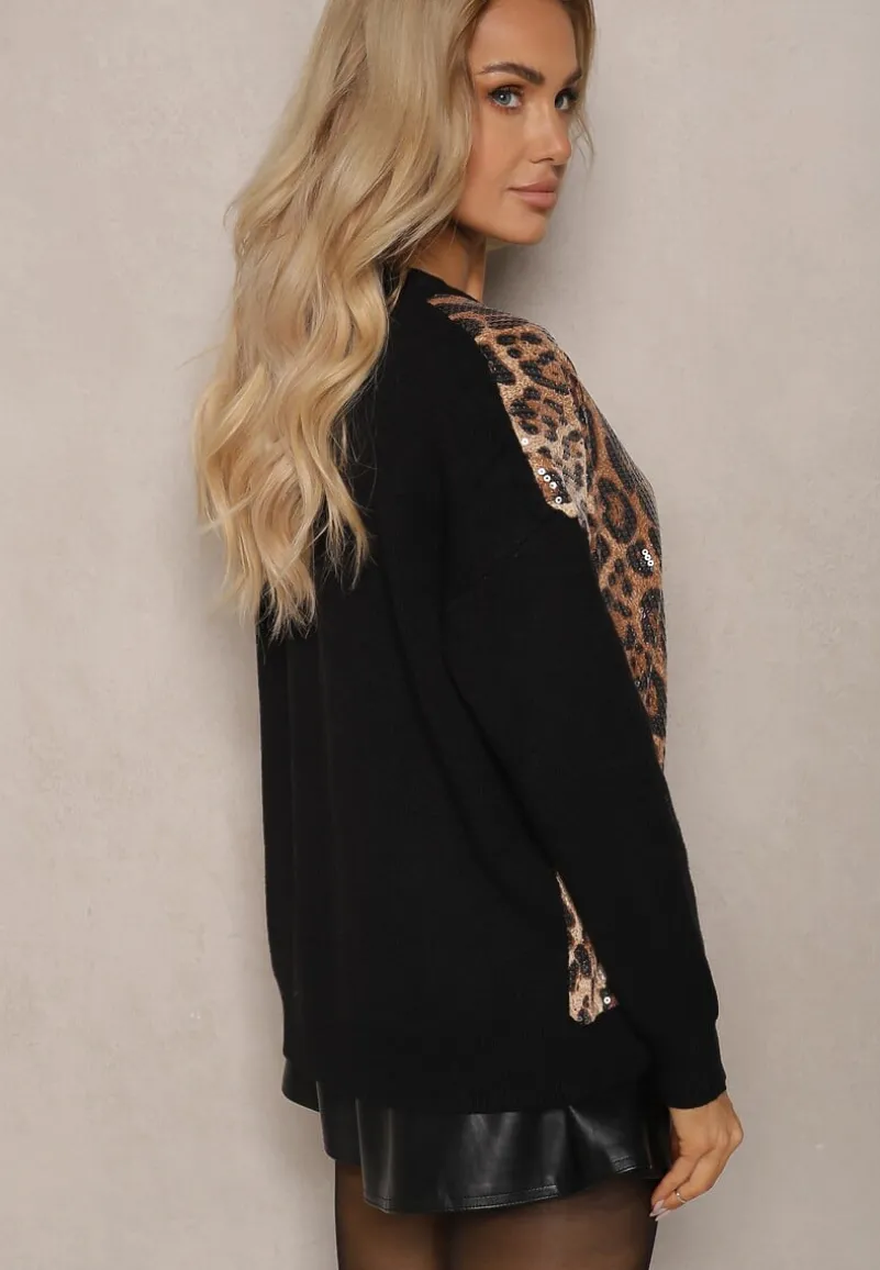 Czarno-Beżowy Kardigan z Wiskozą w Panterkowy Wzór Zdobiony Transparentnymi Cekinami Calattia