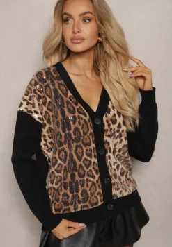 Czarno-Beżowy Kardigan z Wiskozą w Panterkowy Wzór Zdobiony Transparentnymi Cekinami Calattia