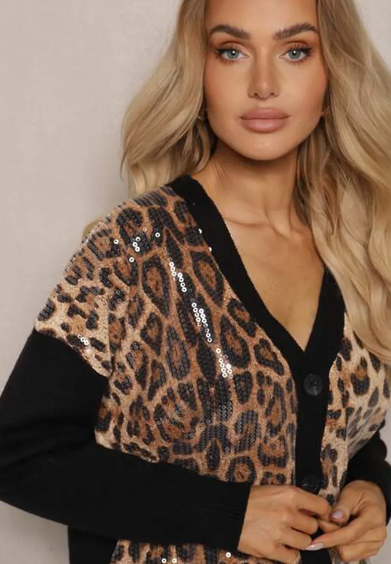 Czarno-Beżowy Kardigan z Wiskozą w Panterkowy Wzór Zdobiony Transparentnymi Cekinami Calattia