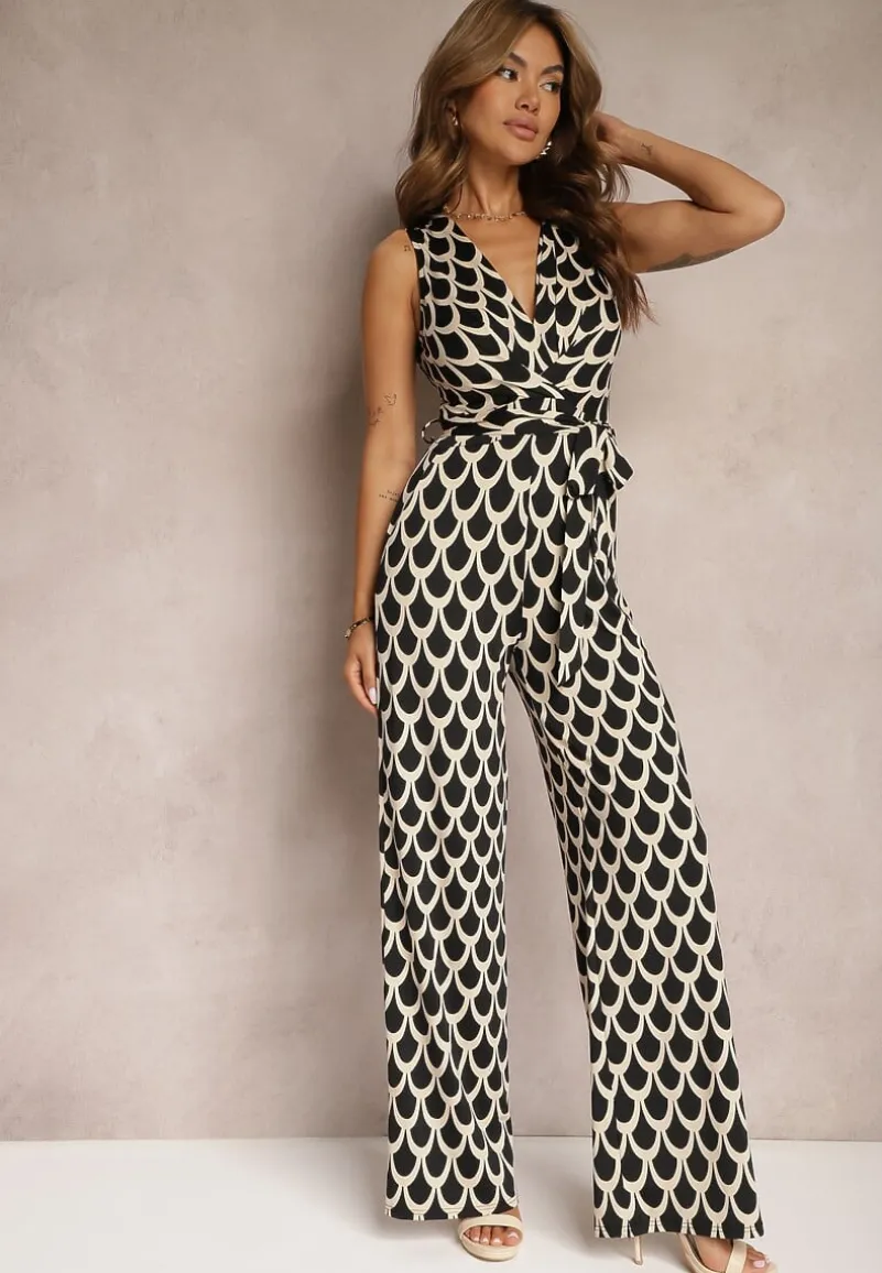 Czarno-Beżowy Kombinezon o Taliowanym Kroju z Trójkątnym Dekoltem i Paskiem w Talii Geranea