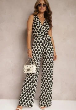 Czarno-Beżowy Kombinezon o Taliowanym Kroju z Trójkątnym Dekoltem i Paskiem w Talii Geranea