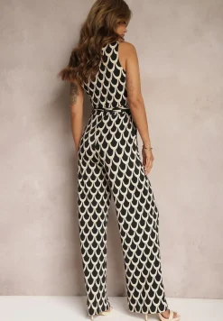 Czarno-Beżowy Kombinezon o Taliowanym Kroju z Trójkątnym Dekoltem i Paskiem w Talii Geranea