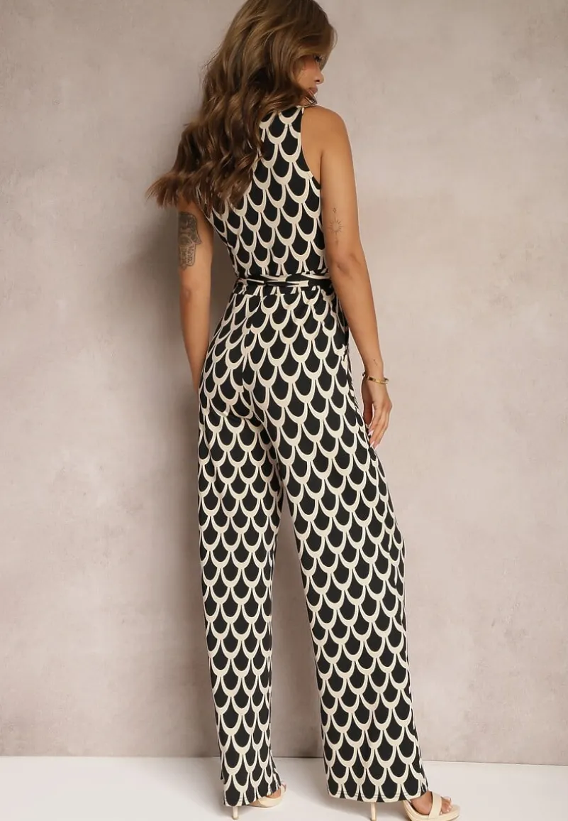 Czarno-Beżowy Kombinezon o Taliowanym Kroju z Trójkątnym Dekoltem i Paskiem w Talii Geranea