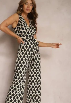 Czarno-Beżowy Kombinezon o Taliowanym Kroju z Trójkątnym Dekoltem i Paskiem w Talii Geranea