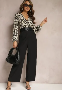 Czarno-Beżowy Kombinezon w Print z Paskiem i Szerokimi Nogawkami Stuvana