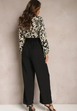 Czarno-Beżowy Kombinezon w Print z Paskiem i Szerokimi Nogawkami Stuvana