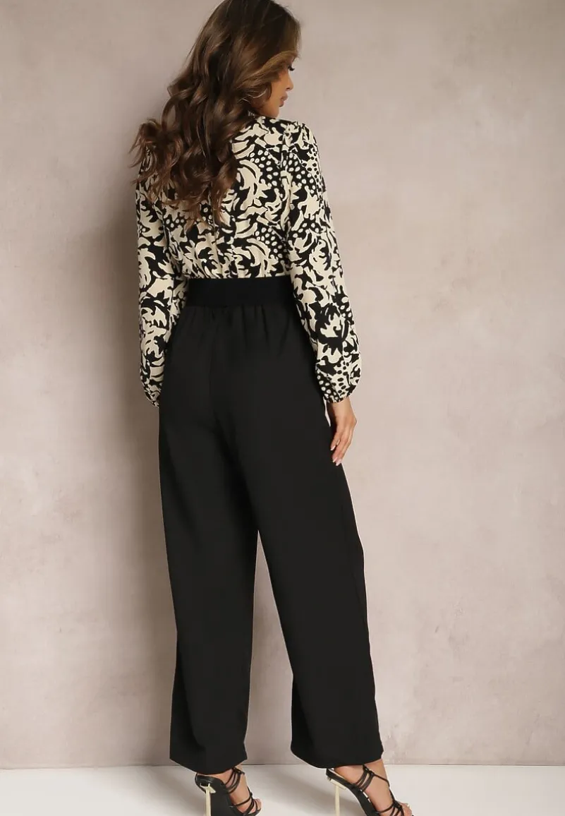 Czarno-Beżowy Kombinezon w Print z Paskiem i Szerokimi Nogawkami Stuvana