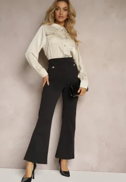 Czarno-Beżowy Kombinezon z Koszulową Górą Zdobiony Wiązaniem i Eleganckimi Guzikami Eliti