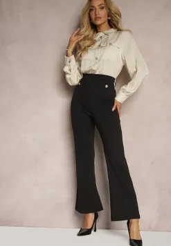 Czarno-Beżowy Kombinezon z Koszulową Górą Zdobiony Wiązaniem i Eleganckimi Guzikami Eliti