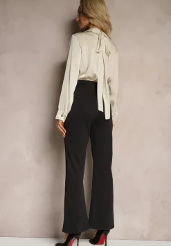 Czarno-Beżowy Kombinezon z Koszulową Górą Zdobiony Wiązaniem i Eleganckimi Guzikami Eliti