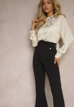 Czarno-Beżowy Kombinezon z Koszulową Górą Zdobiony Wiązaniem i Eleganckimi Guzikami Eliti