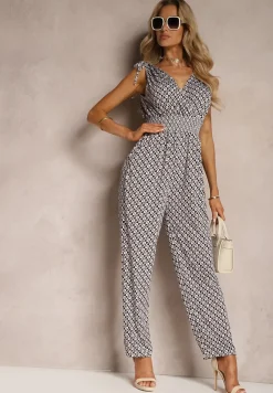 Czarno-Beżowy Kombinezon z Długimi Nogawkami i Szeroką Gumką w Talii Belamy