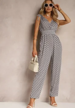 Czarno-Beżowy Kombinezon z Długimi Nogawkami i Szeroką Gumką w Talii Belamy