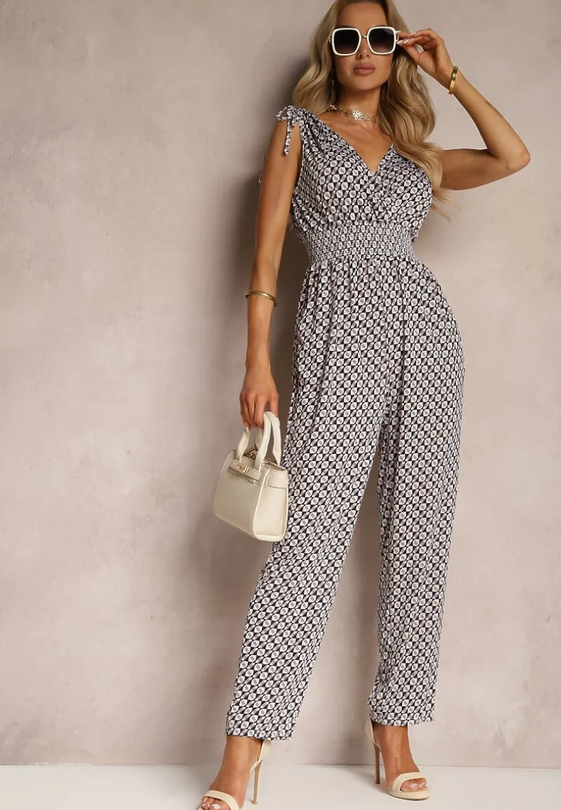 Czarno-Beżowy Kombinezon z Długimi Nogawkami i Szeroką Gumką w Talii Belamy