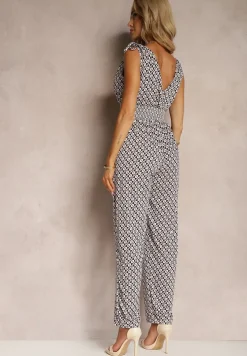 Czarno-Beżowy Kombinezon z Długimi Nogawkami i Szeroką Gumką w Talii Belamy