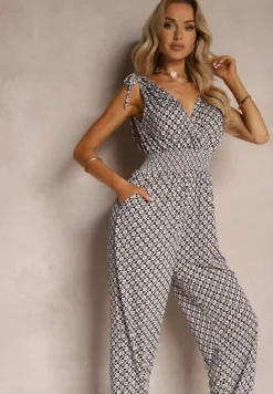 Czarno-Beżowy Kombinezon z Długimi Nogawkami i Szeroką Gumką w Talii Belamy