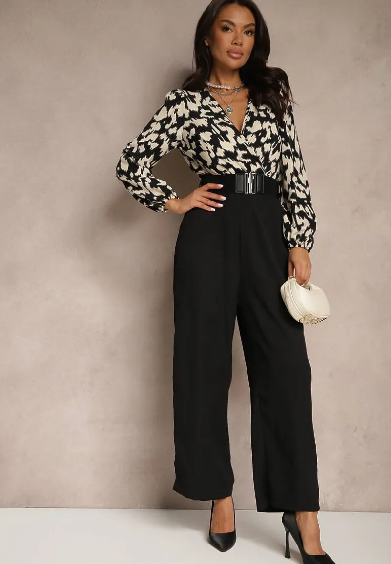 Czarno-Beżowy Kombinezon z Długimi Nogawkami i Kopertowym Dekoltem oraz Paskiem z Gumy Koretta