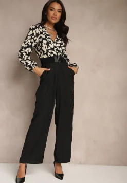 Czarno-Beżowy Kombinezon z Długimi Nogawkami i Kopertowym Dekoltem oraz Paskiem z Gumy Koretta
