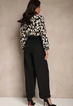 Czarno-Beżowy Kombinezon z Długimi Nogawkami i Kopertowym Dekoltem oraz Paskiem z Gumy Koretta